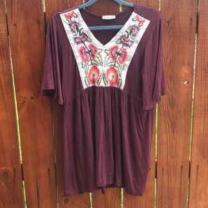 Maroon tunic top with embroidery